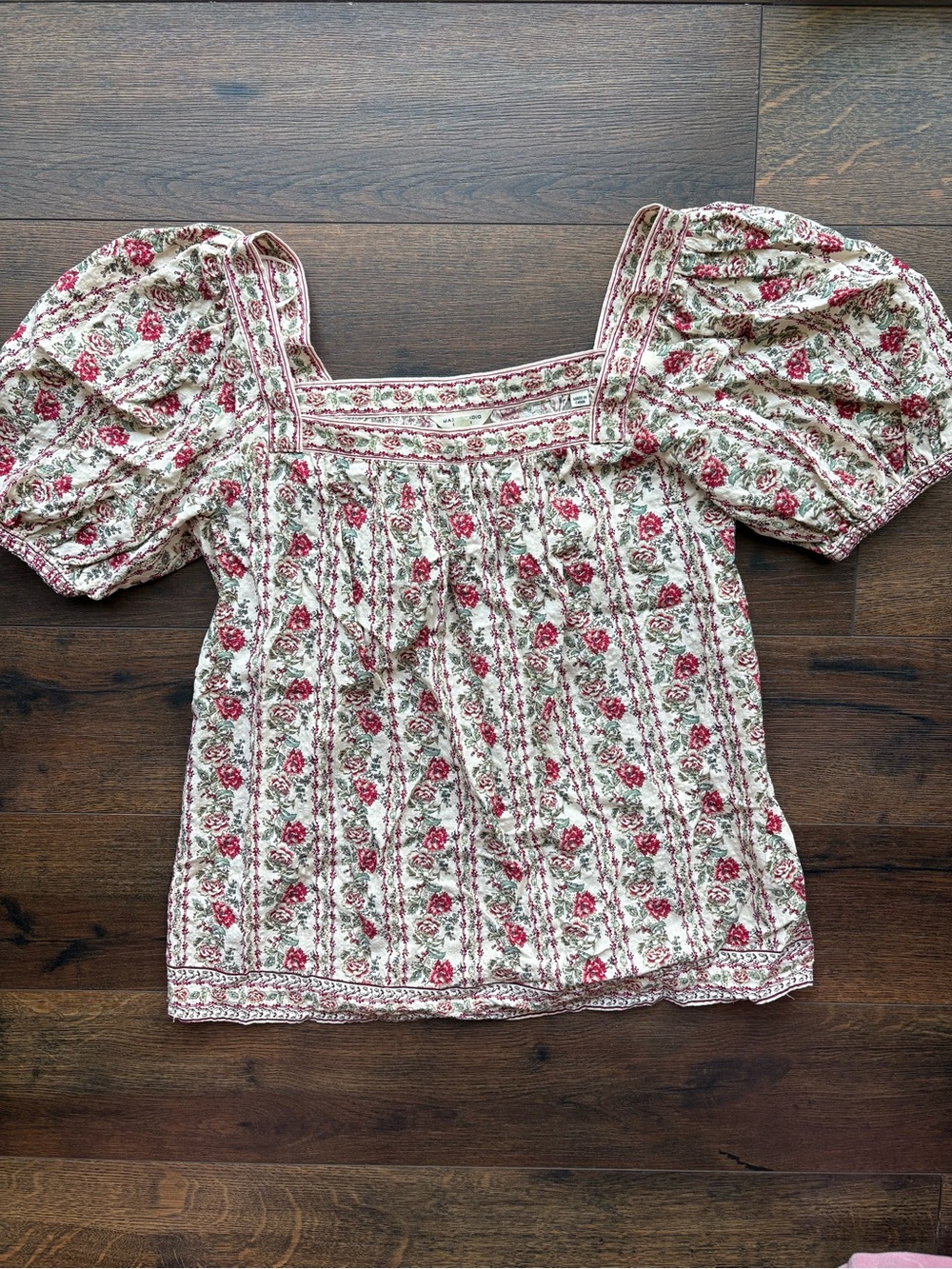 Max Studio Cream Floral Square-Neck Puff Sleeve Blouse